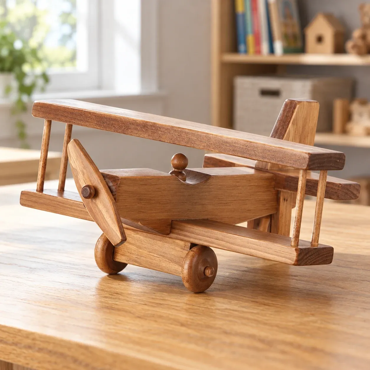 Warm brown wooden biplane with peg pilot, two wings, propeller and wheels on a playroom table.