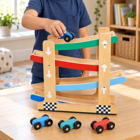 Wooden Ramp Racer with Four Cars