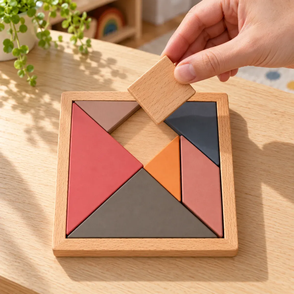 wooden tangram tray — use view. Props excluded.